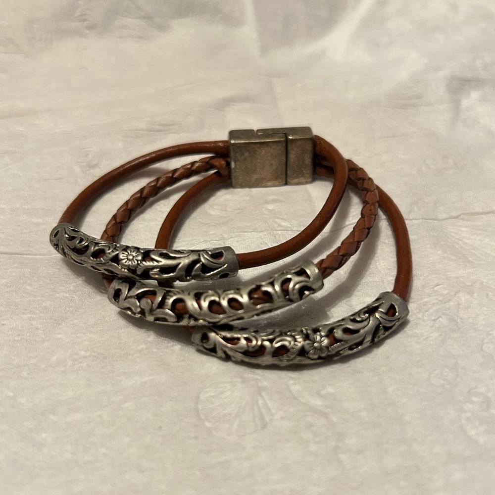 Brown Leather Bracelet with Silver Accents